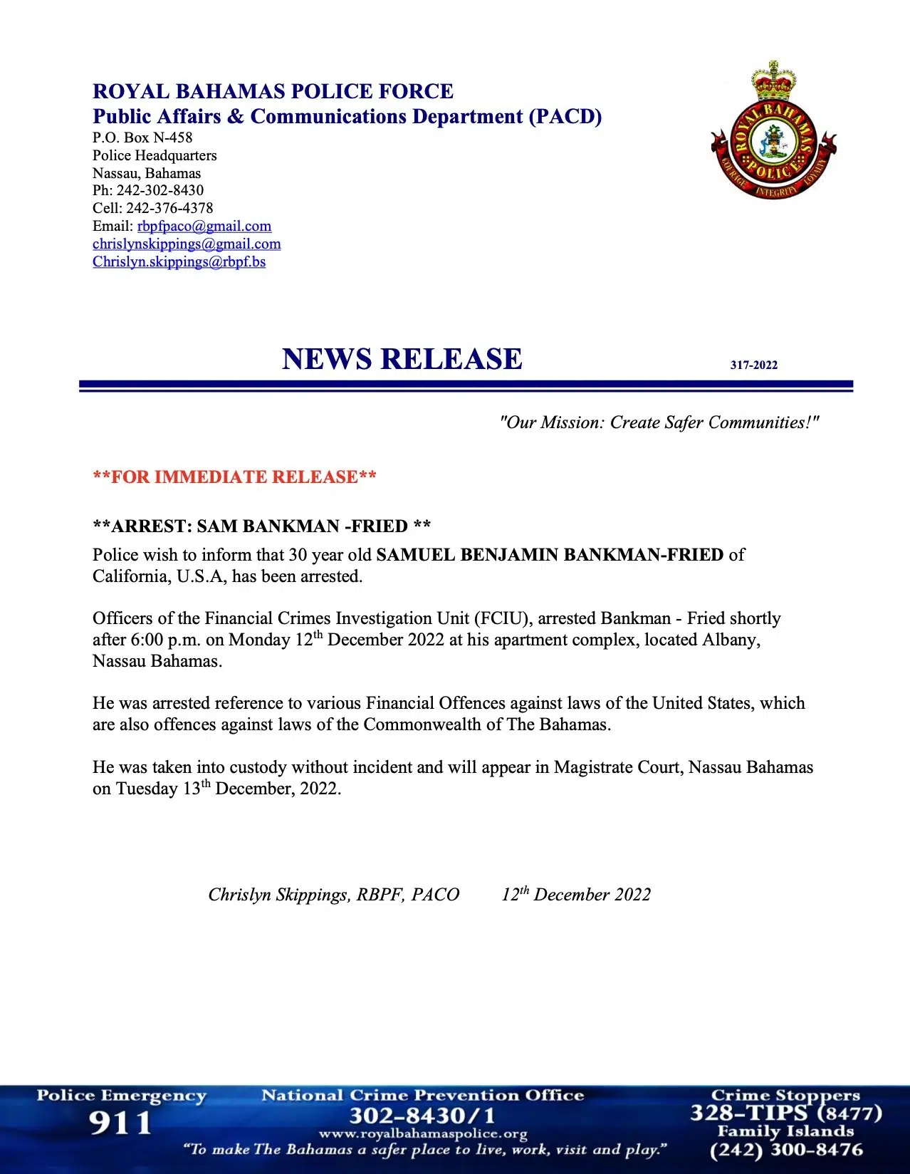 A Statement from the Royal Bahamas Police Force on the SBF's arrest