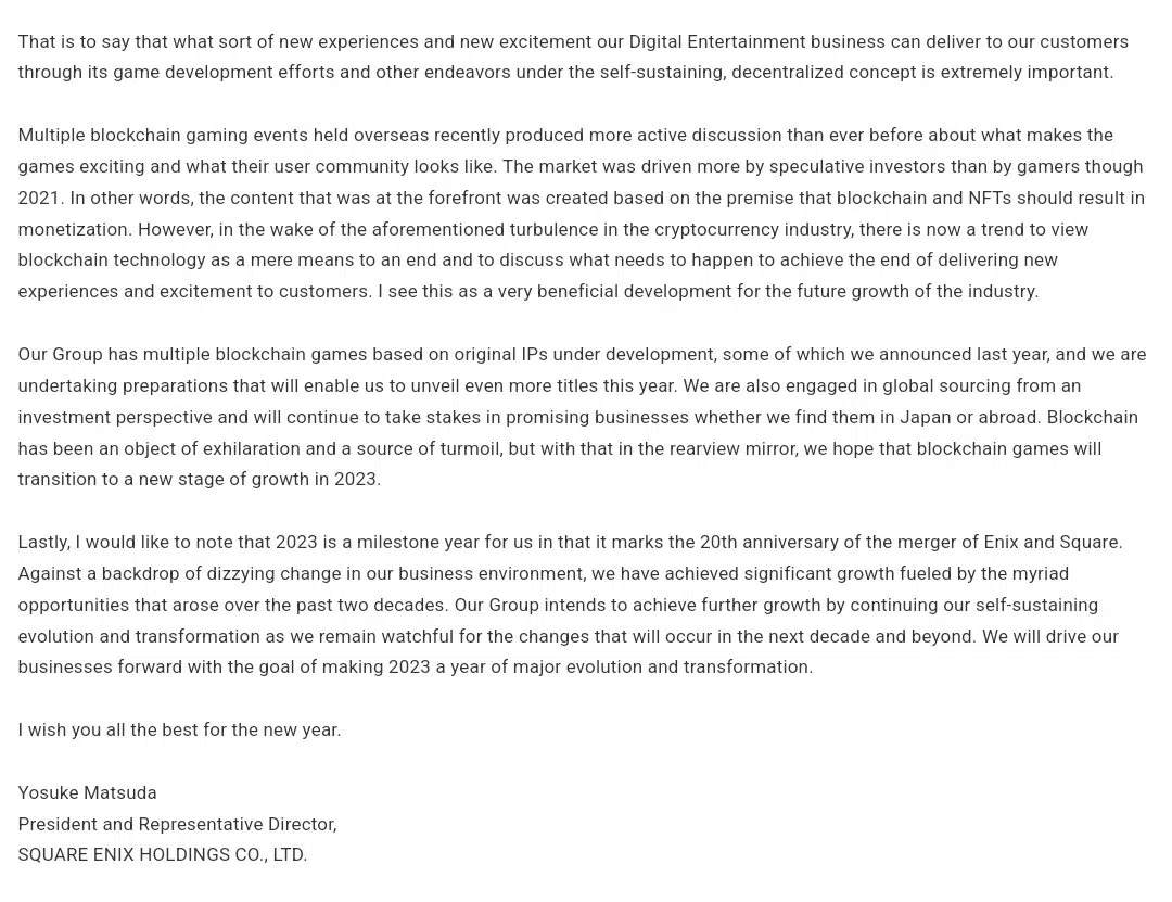 Part of the Letter by Yosuke Matsuda, President of Square Enix