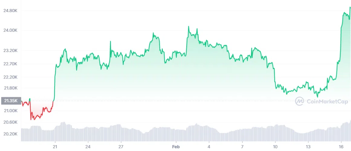 BTC pprice, 1 month stats. On Feb 16, 2023. Source: CoinMarketCap