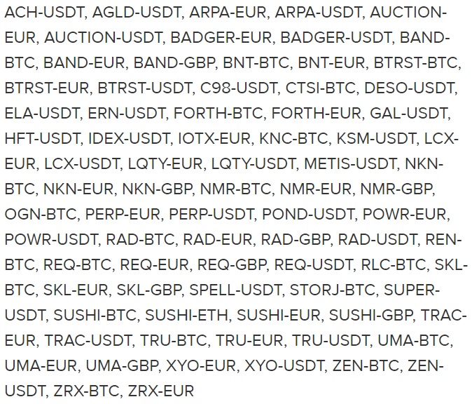 Delisted trading pairs